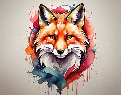 Watercolor, powerful colorful fox face