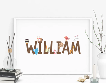 Personalised New Baby Name Gift with Zoo animals Print