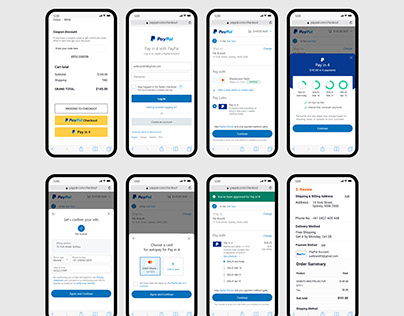 UI design for PayPal Pay in 4 Mobile web screens.