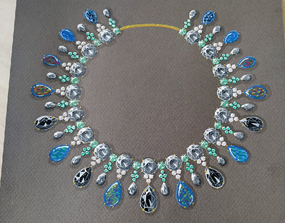 Diamond emerald opal choker - gouache rendering