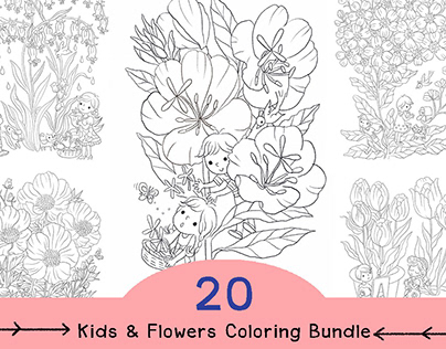 Kids and Flowers drawing coloring page