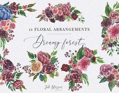 Watercolor Floral bouquets and frames- Dreamy Forest