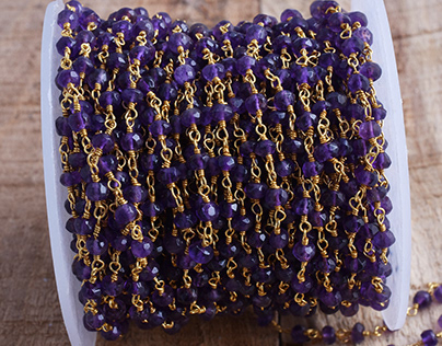 Natural Amethyst Rosary Gemstone Beaded Gold Chain