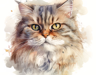 British Longhair Cat Portrait Watercolor Painting