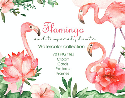 Watercolor flamingos and tropical plants