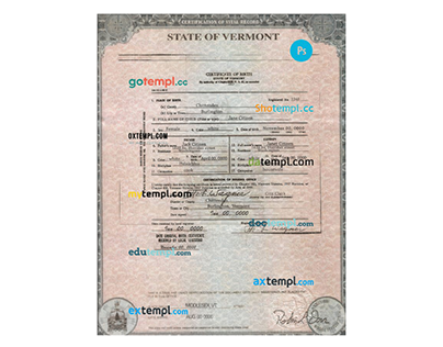USA Vermont state birth certificate template in PSD