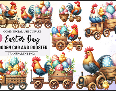 Watercolor easter day wooden car rooster Clipart