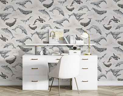 Whales. Hand painted design for wallpapers