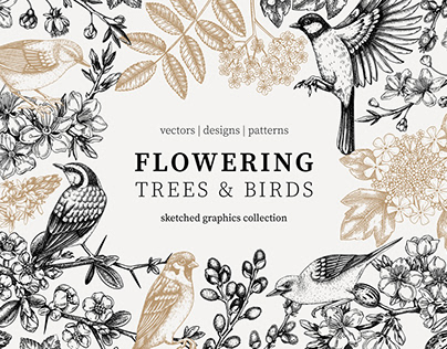 Spring flowers and birds collection. Floral designs.