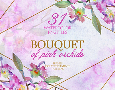 Watercolor Bouquet of pink orchids PNG set