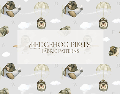 Hedgehog Pilots. Fabric seamess watercolor pattern.