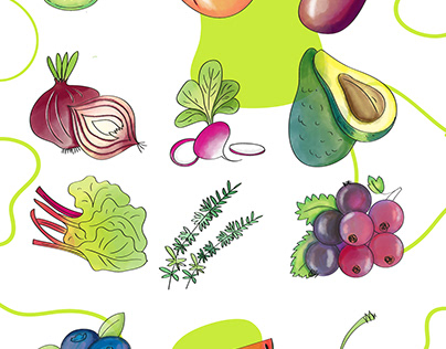 Ilustracje owoców, warzyw oraz ziół: