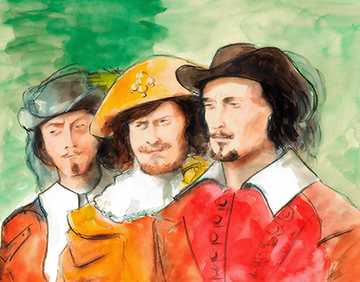 Three Musketeers. Athos Porthos Aramis. Watercolor Три