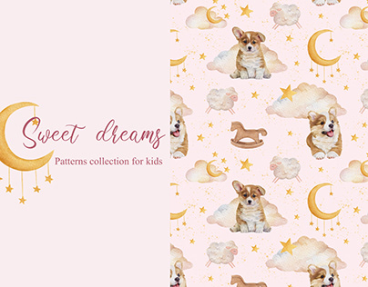 Watercolor seamless patterns for kids "SWEET DREAMS"