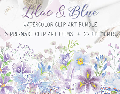 Watercolor clip art bundle in lilac and blue