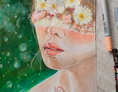 Retrato de mujer con rotuladores. Primavera en los ojos