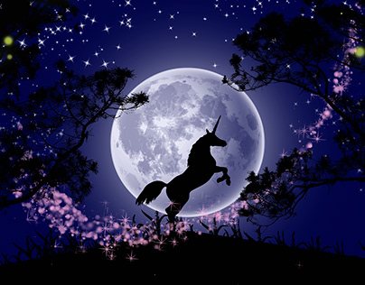 night illustration with unicorn and moon view