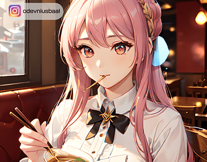 Beautiful girl eating ramen