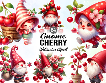 Cherry Gnome Watercolor Clipart