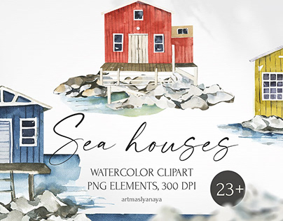 Watercolor Sea houses clipart. Landscapes, ocean.