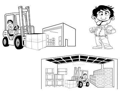 Black and White Drawing of Character with Forklift