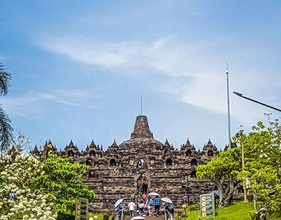 Borobudur temple with bright blue sky