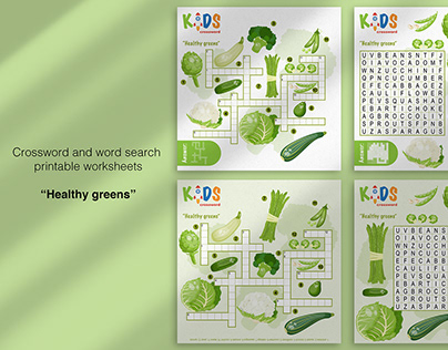 Crossword and word search worksheets "Healthy greens"