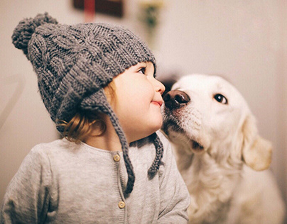 Winter Portrait Baby & Dog Stock Photo