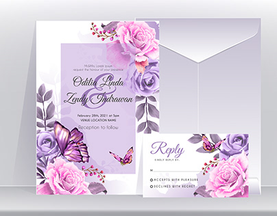 wedding invitation card with elegant purple floral