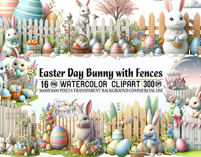 Easter Day Bunny with Fences Clipart Bundle