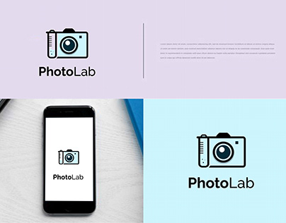 PhotoLab logo. camera with test tube laboratory logo