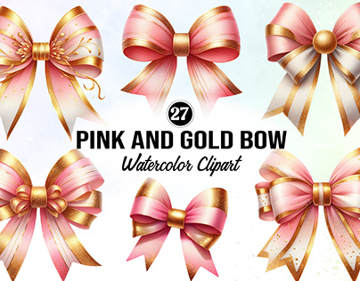 Watercolor Pink and Gold Bow Clipart