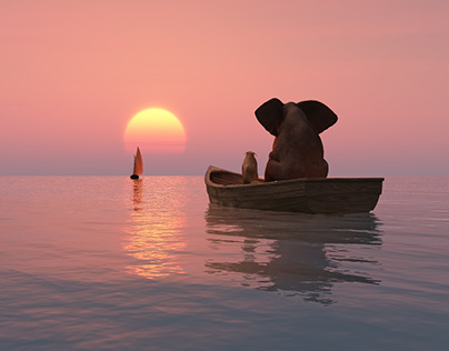 An elephant and a dog are sailing in a boat
