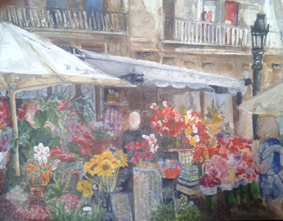las ramblas flower stall, watercolour