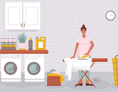 Vector flat illustration. The woman in the laundry.