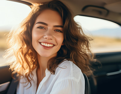 Young smiling woman driving her car