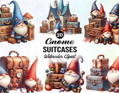 Suitcases Gnome Watercolor Clipart