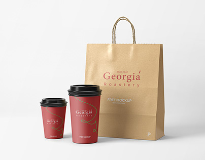 Free Coffee Cups and Kraft Bag Mockup