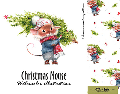 Watercolor illustration of a Christmas mouse