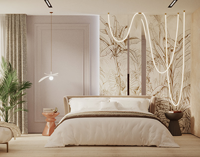 Light bedroom with plant graphics