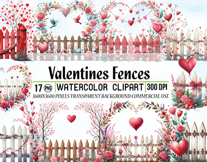 Watercolor Valentines Fences Clipart