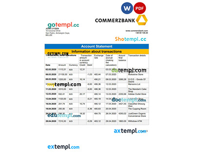 Belize Commerzbank bank statement template in Word PDF