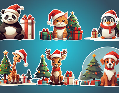 Holiday animals in Santa hats stickers New Year