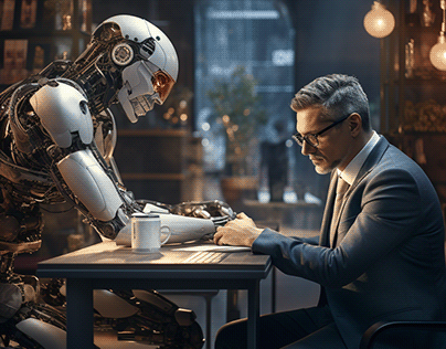 Human having dinner with an AI cyborg