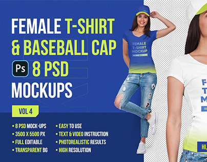 Female T-Shirt and Baseball Cap Mockup Vol4