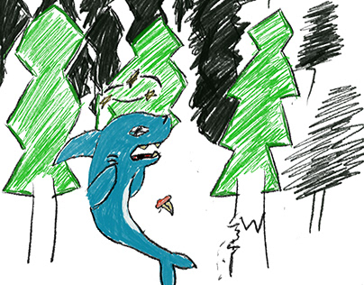 Art mash- Three prompt- Thick forest, Shark,Tooth