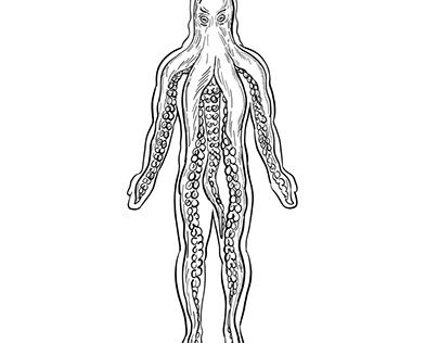Alien Octopus Inside Human Body Drawing Black and White
