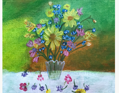 Colorful flowers in glass vase-Acrylic painting