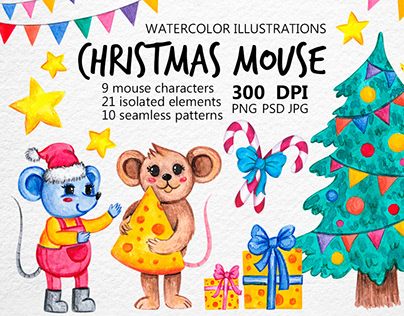 Watercolor illustrations. Christmas mouse.