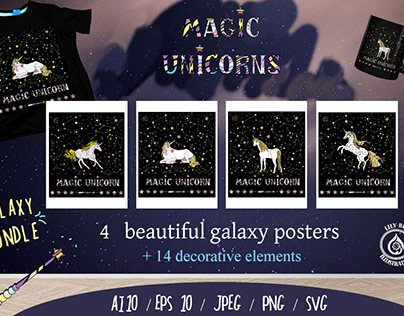 4 galaxy posters with starry unicorns